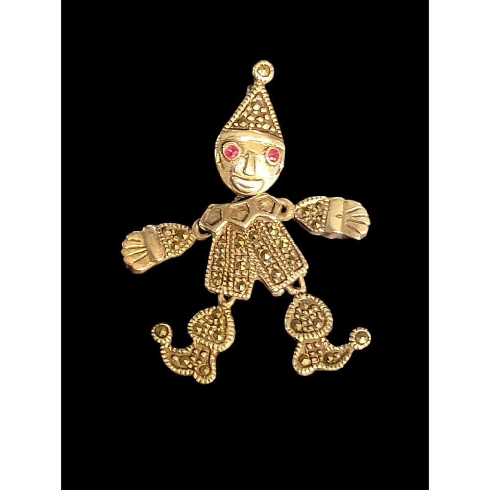 Vintage Sterling Articulated Clown Pendant Ruby Eyes Marcasite Stones 925 Silver